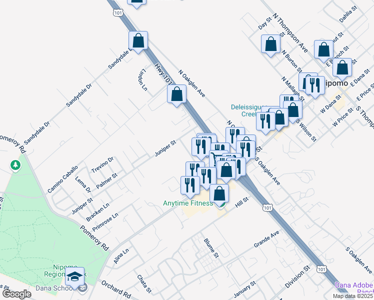 map of restaurants, bars, coffee shops, grocery stores, and more near 167 Mary Avenue in Nipomo