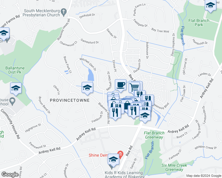 map of restaurants, bars, coffee shops, grocery stores, and more near 9722 Mitchell Glen Drive in Charlotte
