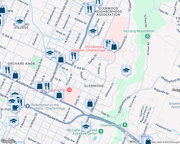 map of restaurants, bars, coffee shops, grocery stores, and more near Derby Street in Chattanooga