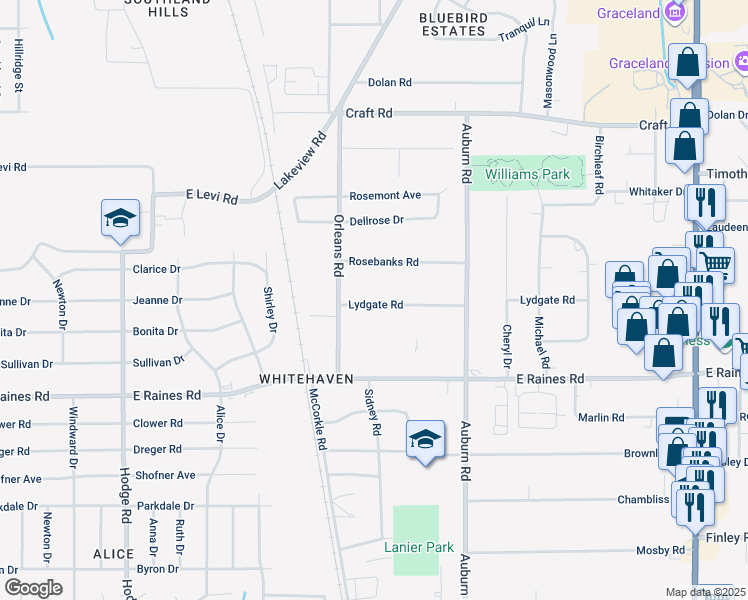 map of restaurants, bars, coffee shops, grocery stores, and more near 750 Lydgate Road in Memphis