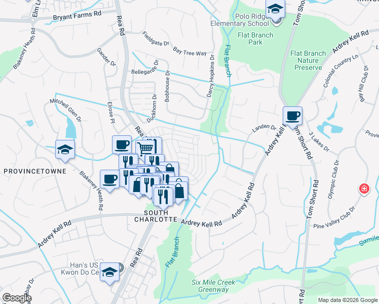 map of restaurants, bars, coffee shops, grocery stores, and more near 12743 James Blakeney Avenue in Charlotte