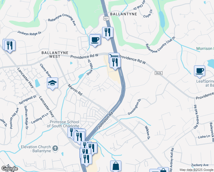 map of restaurants, bars, coffee shops, grocery stores, and more near 15221 Ballancroft Parkway in Charlotte