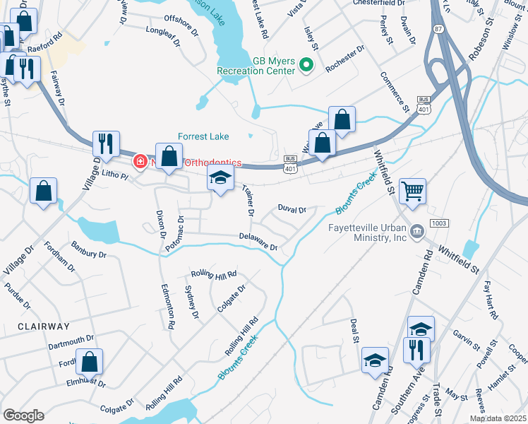 map of restaurants, bars, coffee shops, grocery stores, and more near 890 Duval Drive in Fayetteville