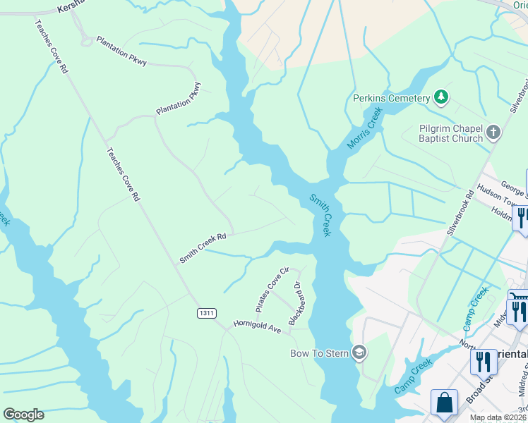 map of restaurants, bars, coffee shops, grocery stores, and more near 125 Spinnaker Point Rd N in Oriental