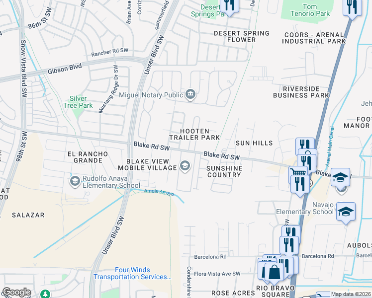 map of restaurants, bars, coffee shops, grocery stores, and more near 4301 Blake Road Southwest in Albuquerque