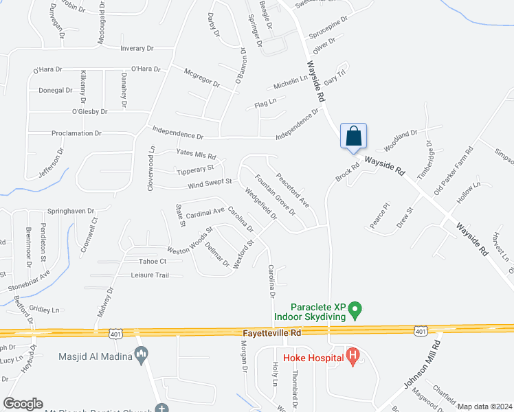 map of restaurants, bars, coffee shops, grocery stores, and more near 393 Wedgefield Drive in Raeford