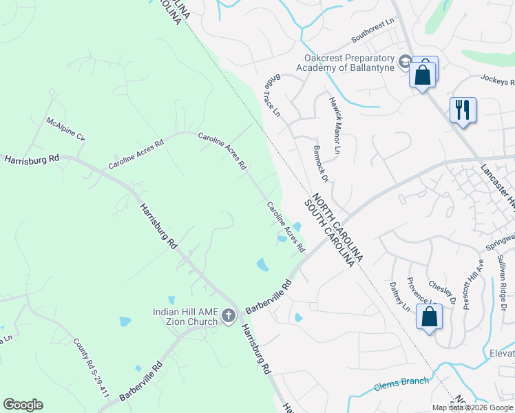 map of restaurants, bars, coffee shops, grocery stores, and more near 10899 Caroline Acres Road in Fort Mill