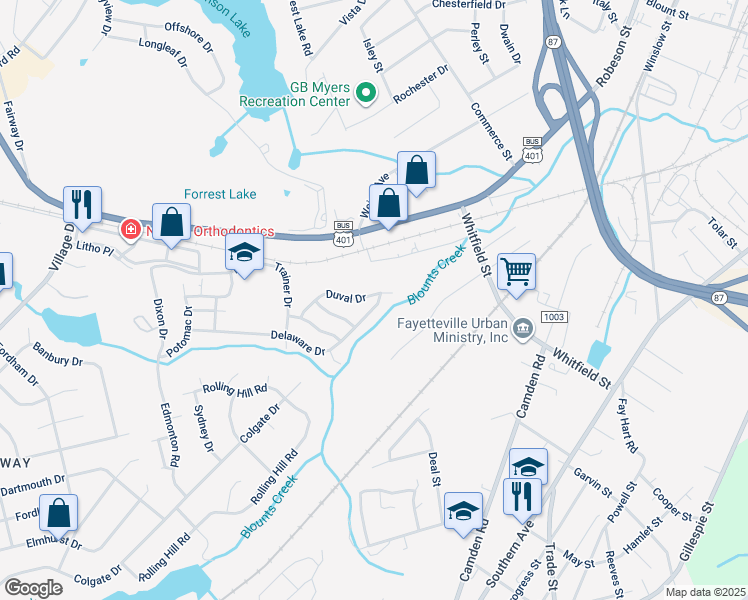 map of restaurants, bars, coffee shops, grocery stores, and more near 2862 Delaware Drive in Fayetteville