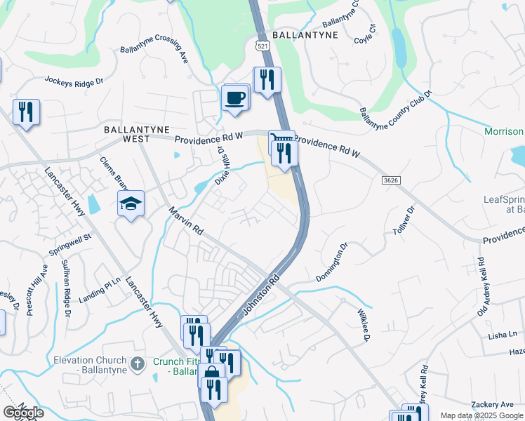 map of restaurants, bars, coffee shops, grocery stores, and more near 15838-15852 Colony Oaks Dr in Charlotte
