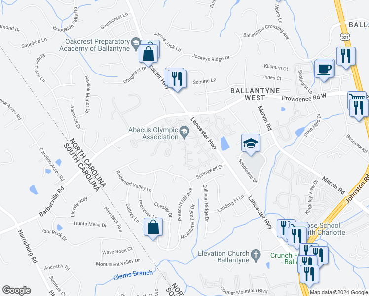 map of restaurants, bars, coffee shops, grocery stores, and more near 15308 Jade Street in Charlotte