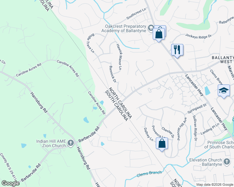 map of restaurants, bars, coffee shops, grocery stores, and more near 15040 Glenfinnan Drive in Charlotte