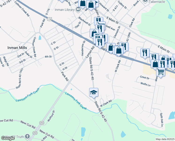 map of restaurants, bars, coffee shops, grocery stores, and more near 54D Blackstock Road in Inman