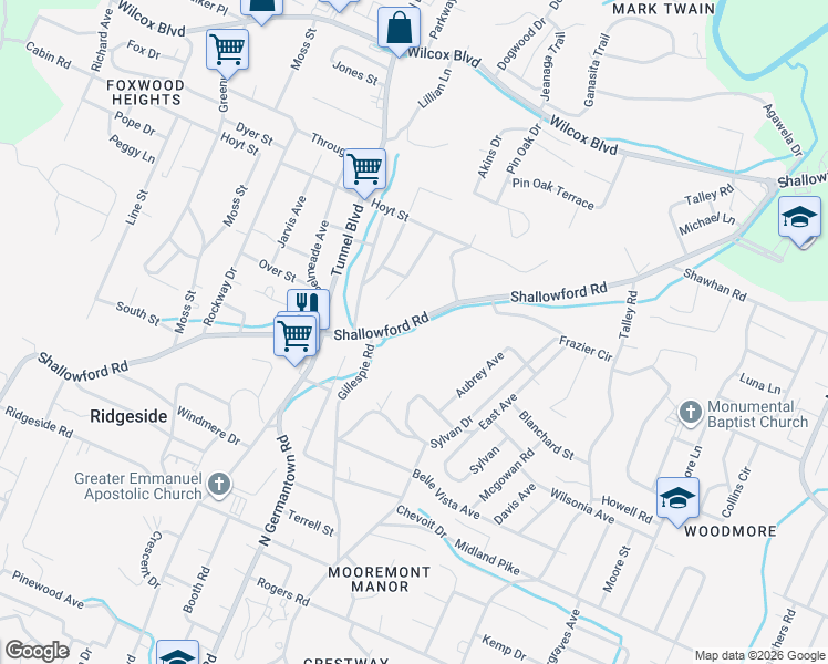 map of restaurants, bars, coffee shops, grocery stores, and more near 930 Shallowford Road in Chattanooga