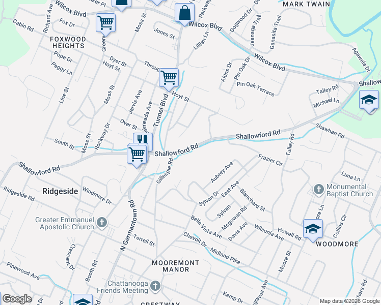 map of restaurants, bars, coffee shops, grocery stores, and more near 930 Shallowford Road in Chattanooga