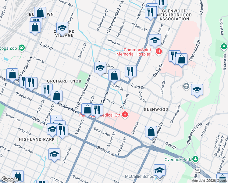 map of restaurants, bars, coffee shops, grocery stores, and more near 2112 East 4th Street in Chattanooga