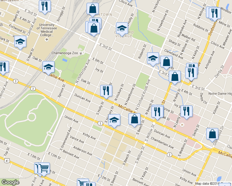 map of restaurants, bars, coffee shops, grocery stores, and more near 164 North Hickory Street in Chattanooga