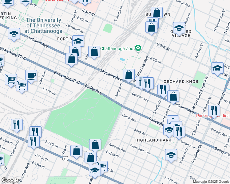 map of restaurants, bars, coffee shops, grocery stores, and more near 1102 Duncan Avenue in Chattanooga