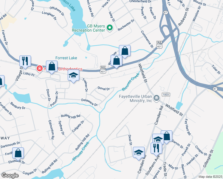 map of restaurants, bars, coffee shops, grocery stores, and more near 2862 Delaware Drive in Fayetteville