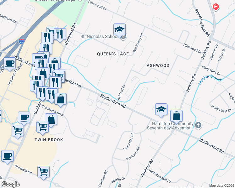 map of restaurants, bars, coffee shops, grocery stores, and more near 2307 Ashford Drive in Chattanooga