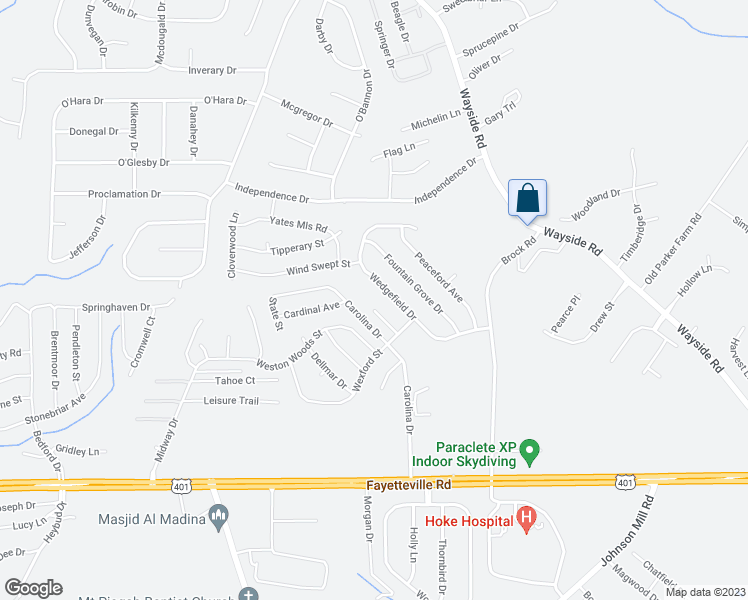map of restaurants, bars, coffee shops, grocery stores, and more near 184 Indigo Avenue in Raeford