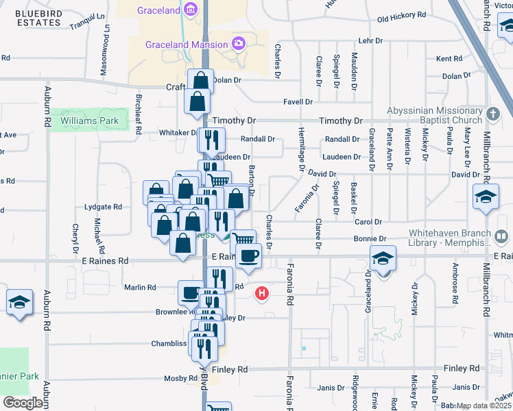 map of restaurants, bars, coffee shops, grocery stores, and more near 4050 Barton Drive in Memphis