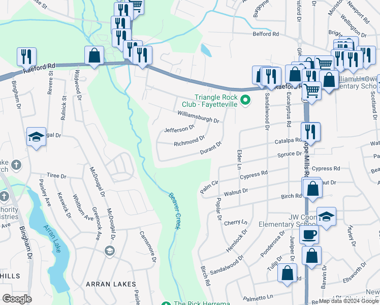 map of restaurants, bars, coffee shops, grocery stores, and more near 412 Durant Drive in Fayetteville