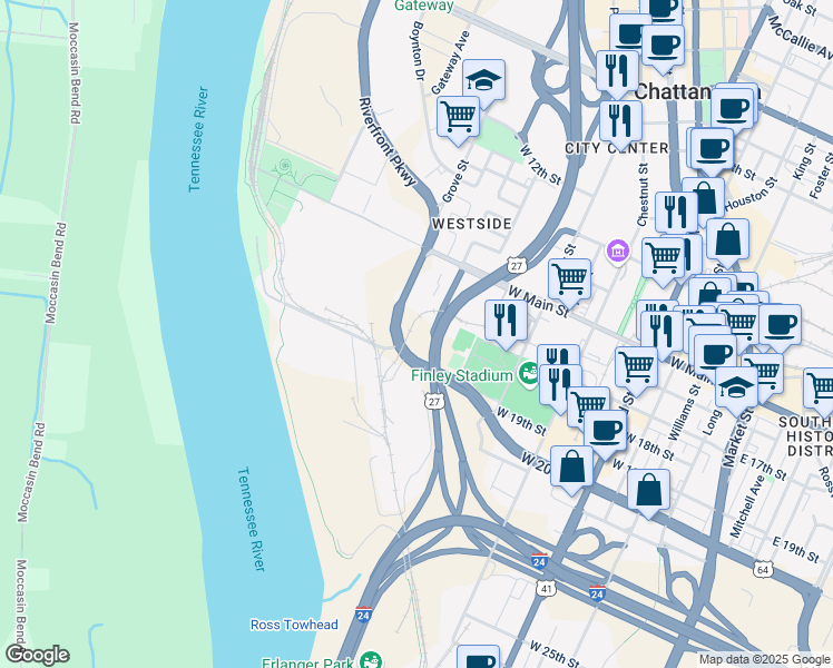 map of restaurants, bars, coffee shops, grocery stores, and more near 1910 Riverfront Parkway in Chattanooga