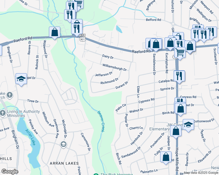 map of restaurants, bars, coffee shops, grocery stores, and more near 412 Durant Drive in Fayetteville