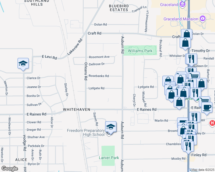 map of restaurants, bars, coffee shops, grocery stores, and more near 800 Lydgate Road in Memphis