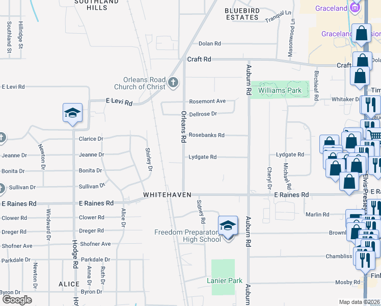map of restaurants, bars, coffee shops, grocery stores, and more near 4034 Orleans Road in Memphis