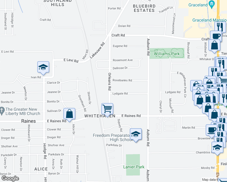 map of restaurants, bars, coffee shops, grocery stores, and more near 722 Lydgate Road in Memphis