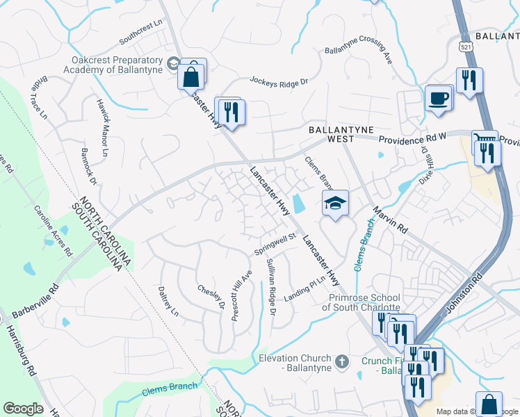 map of restaurants, bars, coffee shops, grocery stores, and more near 11213 Lazio Lane in Charlotte