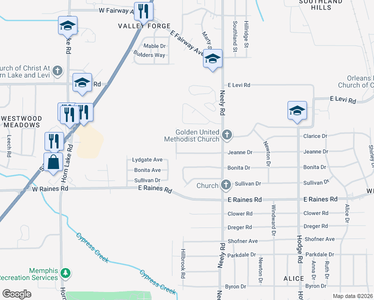 map of restaurants, bars, coffee shops, grocery stores, and more near 124 Jeanne Drive in Memphis