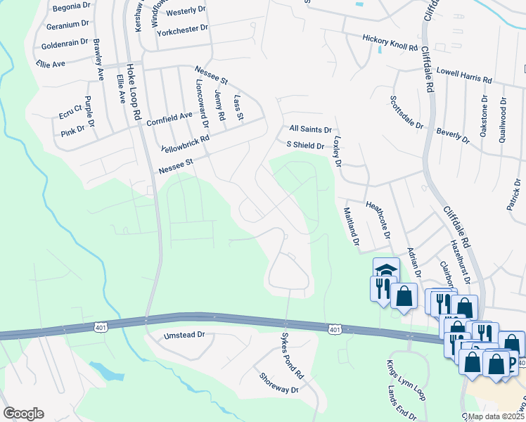 map of restaurants, bars, coffee shops, grocery stores, and more near 2245 Courtland Drive in Fayetteville