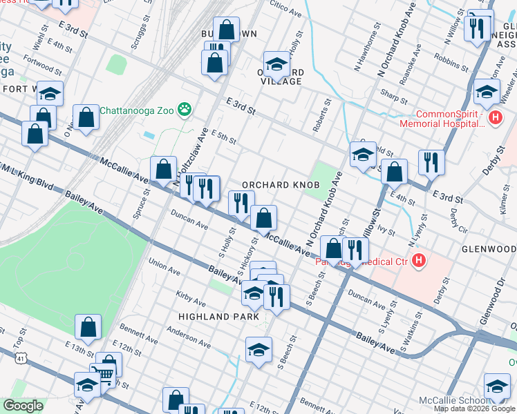 map of restaurants, bars, coffee shops, grocery stores, and more near 1601 Oak Street in Chattanooga
