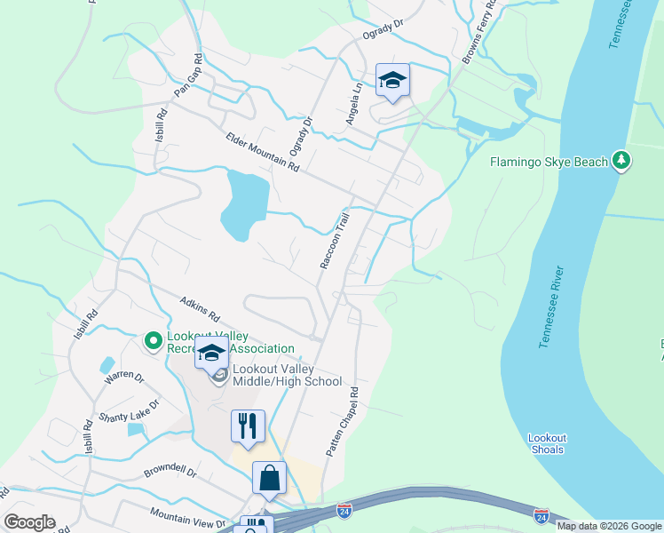 map of restaurants, bars, coffee shops, grocery stores, and more near 513 Raccoon Trail in Chattanooga