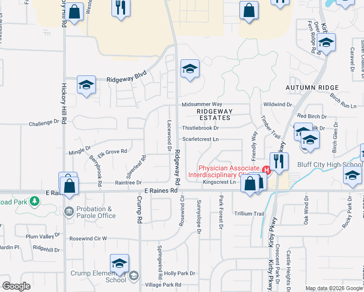 map of restaurants, bars, coffee shops, grocery stores, and more near 6211 Scarletcrest Lane in Memphis