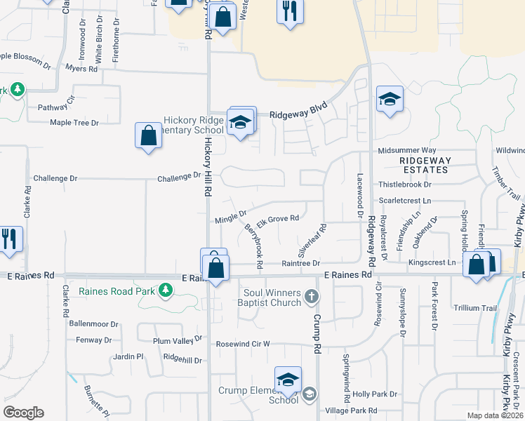 map of restaurants, bars, coffee shops, grocery stores, and more near 4040 Mingle Cove in Memphis