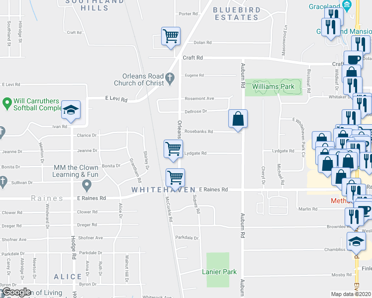 map of restaurants, bars, coffee shops, grocery stores, and more near 4034 Orleans Road in Memphis