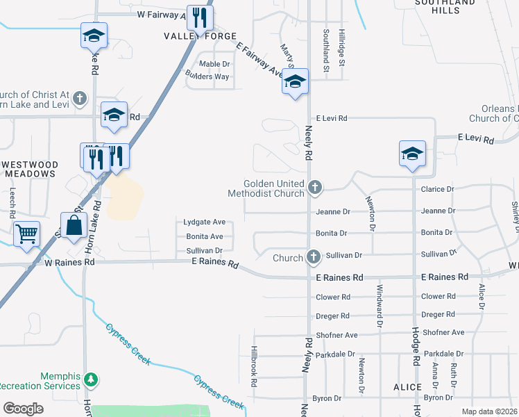 map of restaurants, bars, coffee shops, grocery stores, and more near 124 Jeanne Drive in Memphis