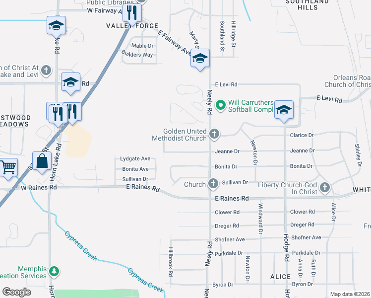 map of restaurants, bars, coffee shops, grocery stores, and more near 170 Jeanne Drive in Memphis