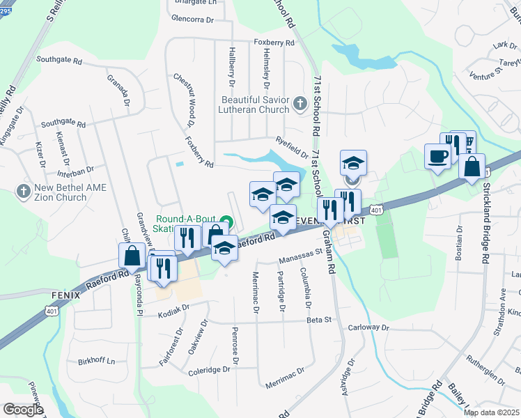map of restaurants, bars, coffee shops, grocery stores, and more near 6882 Raeford Road in Fayetteville