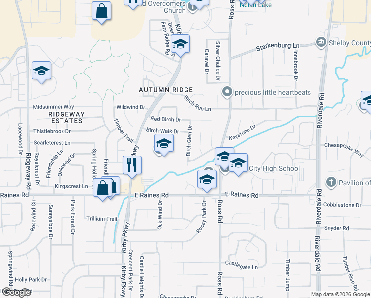 map of restaurants, bars, coffee shops, grocery stores, and more near 4045 Birch Glen Drive in Memphis