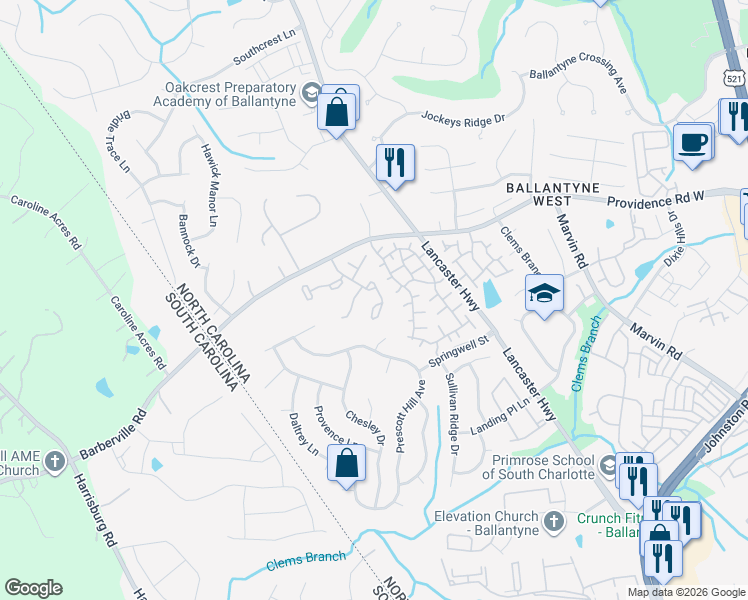 map of restaurants, bars, coffee shops, grocery stores, and more near 15514 Asterwind Court in Charlotte