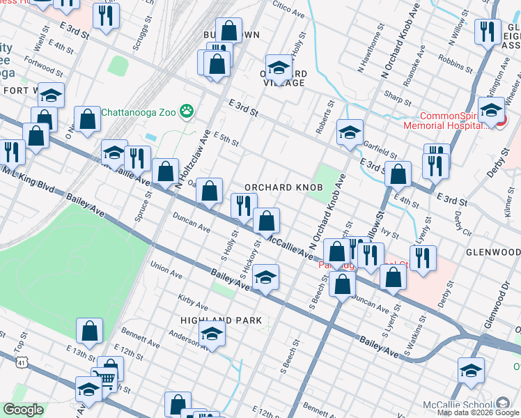 map of restaurants, bars, coffee shops, grocery stores, and more near 1601 Oak Street in Chattanooga