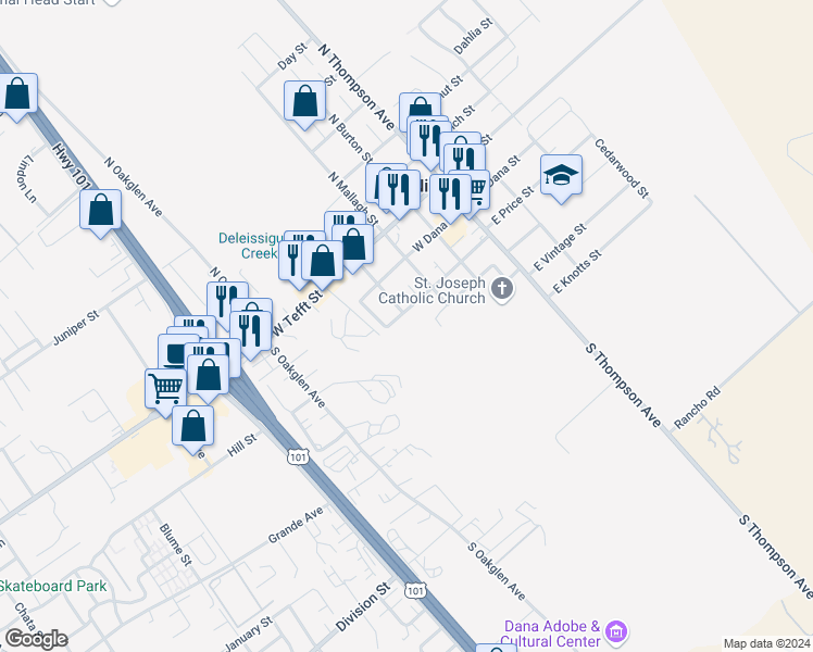 map of restaurants, bars, coffee shops, grocery stores, and more near West Price Street in Nipomo