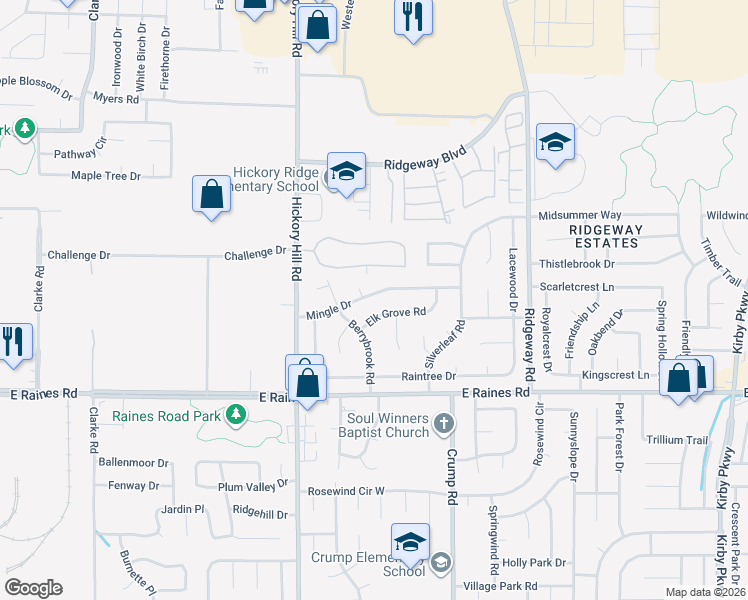 map of restaurants, bars, coffee shops, grocery stores, and more near 4040 Mingle Cove in Memphis
