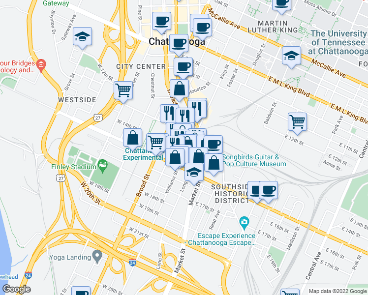 map of restaurants, bars, coffee shops, grocery stores, and more near 1366 Cowart Street in Chattanooga