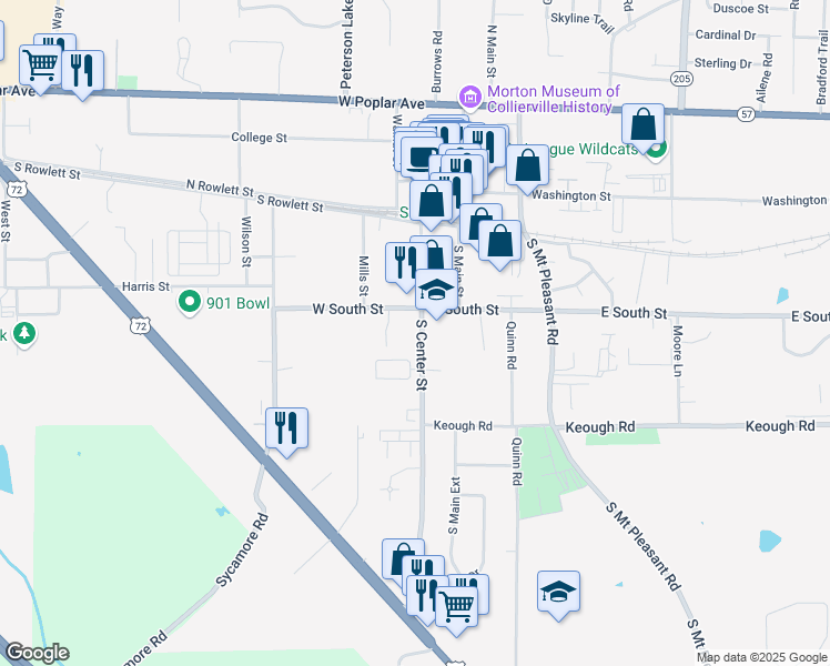 map of restaurants, bars, coffee shops, grocery stores, and more near 259 South Center Street in Collierville