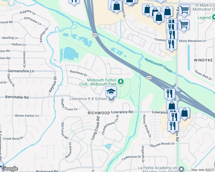 map of restaurants, bars, coffee shops, grocery stores, and more near 4023 Long Creek Road in Memphis